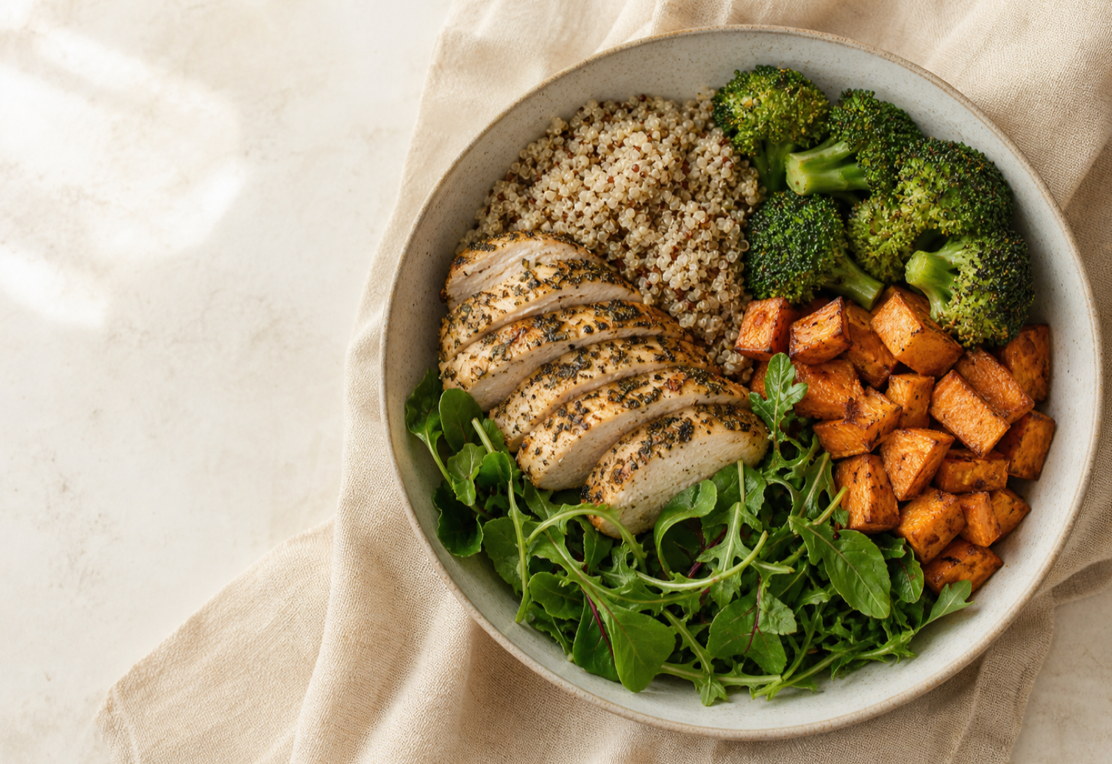 A balanced chicken, quinoa and vegetable bowl